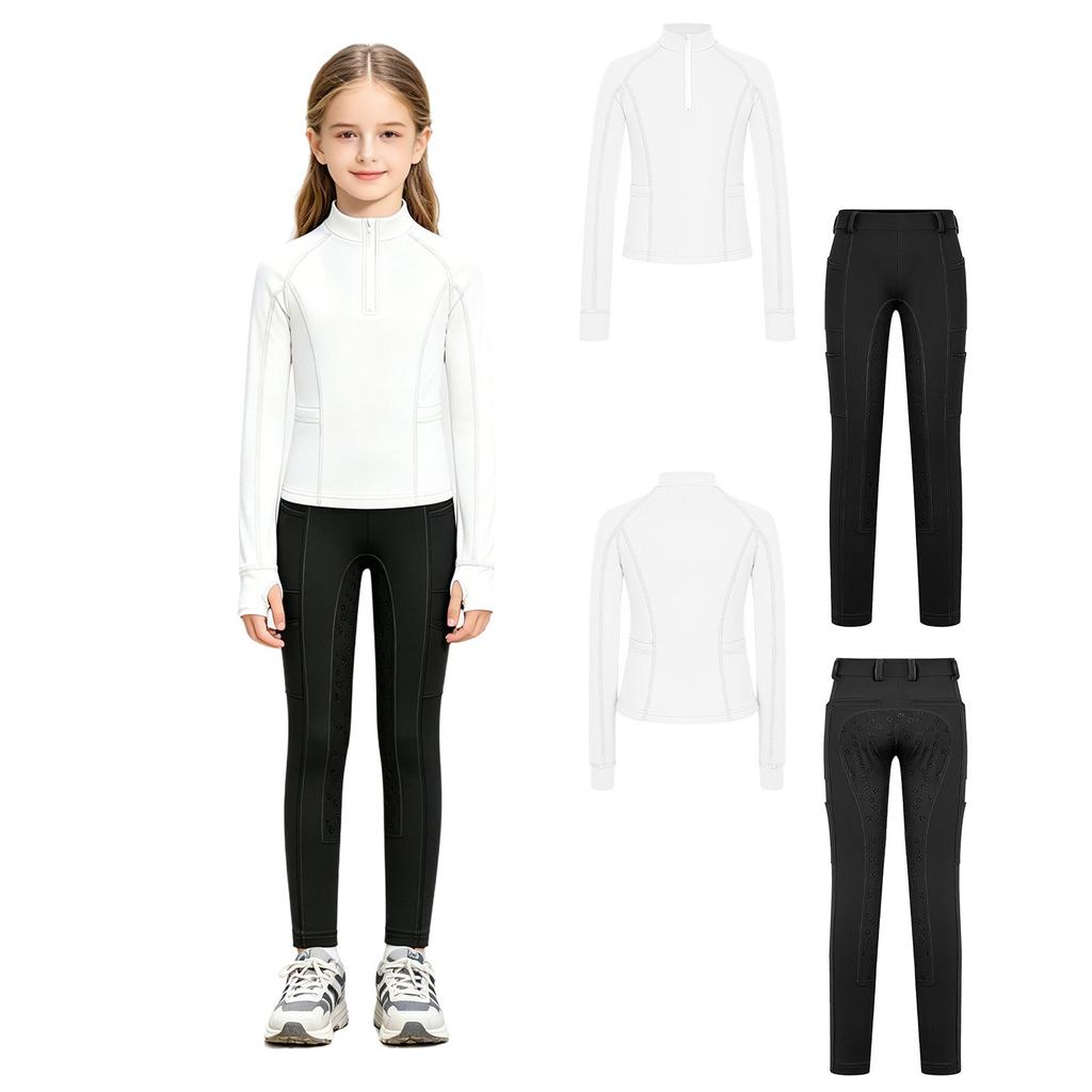 Tenue d'équitation pour filles Ensemble à col montant, manches longues avec trous pour les pouces, pull à fermeture éclair avec pantalon d'équitation à grip intégral antidérapant pour l'entraînement