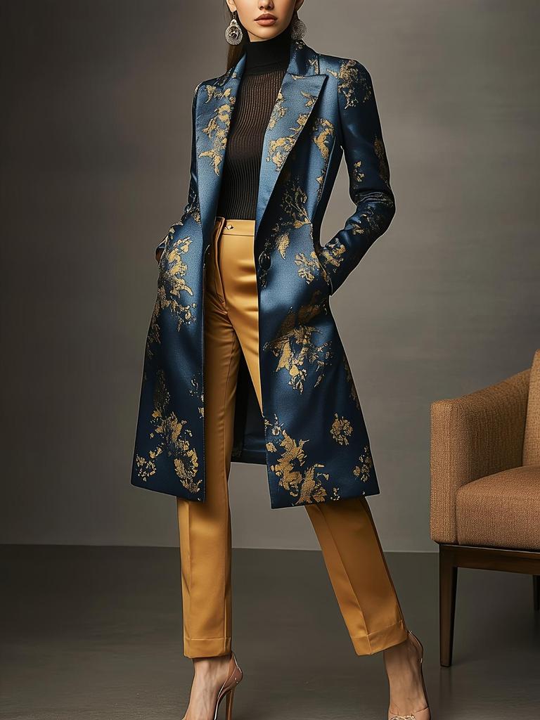 Women's Satin Print Mid-Length Suit Jacket - Elegant Spring/Autumn Style