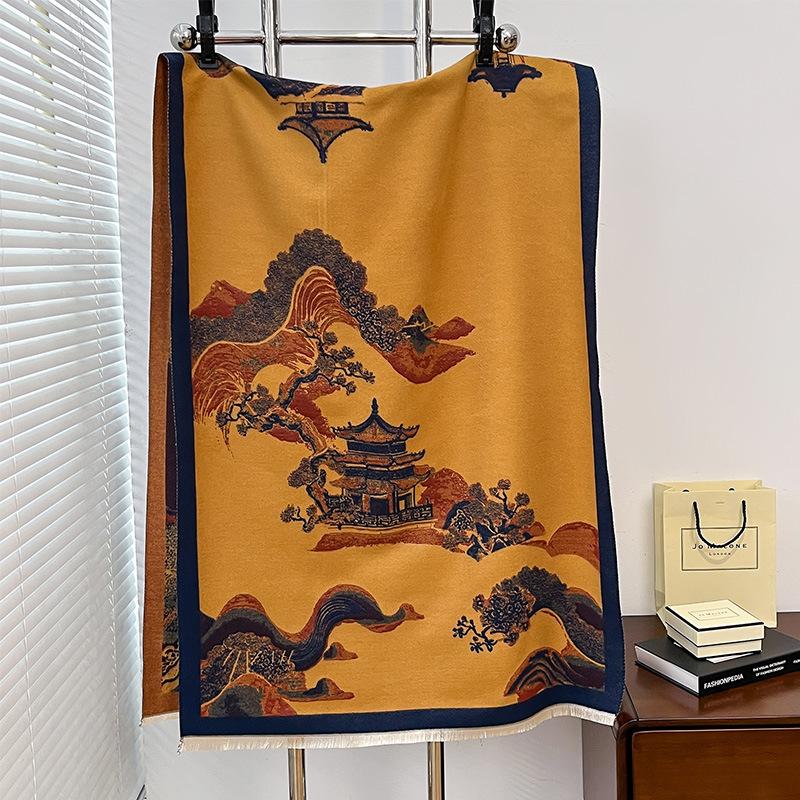 National Style Ancient Building Antique Retro Autumn And Winter Women'S Imitation Cashmere Short Beard Fringed Warm Scarf Shawl Scarf