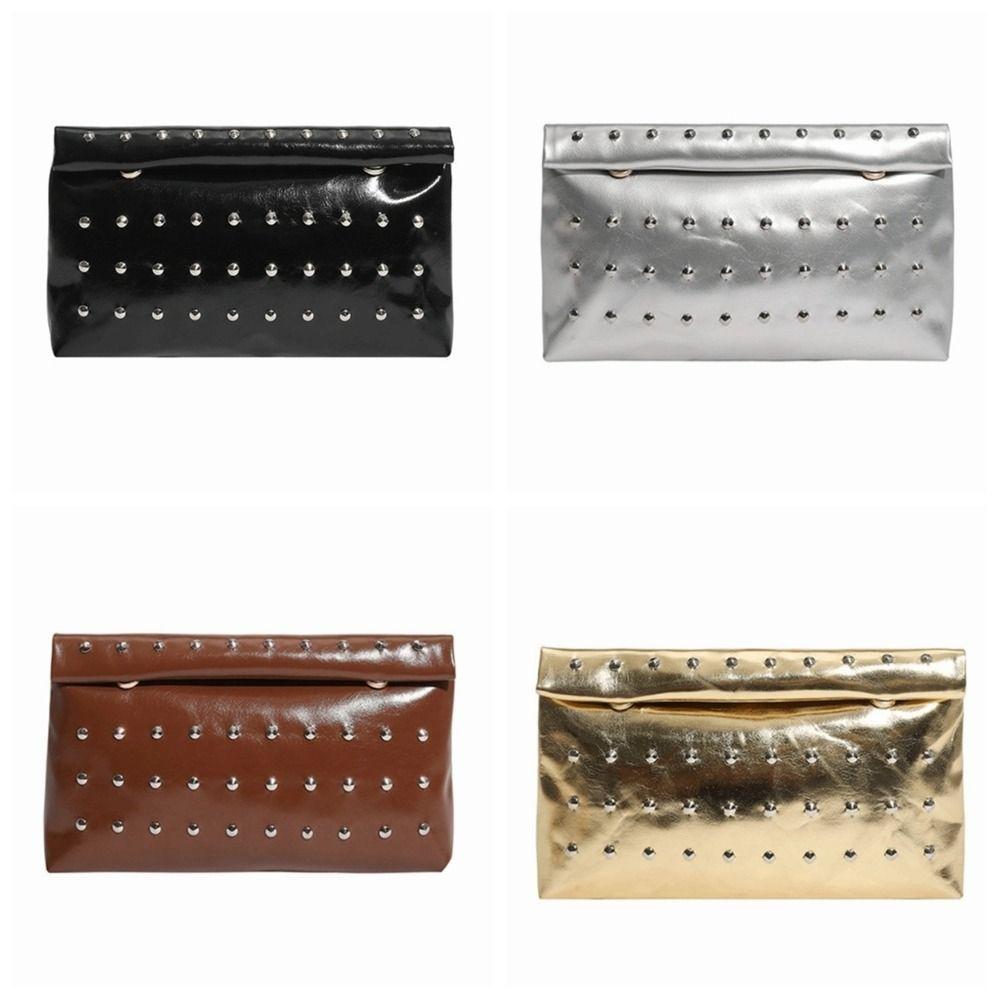Large Capacity Rivet Envelope Clutch Bag Elegant Solid Metallic Sheen Handbag Daily