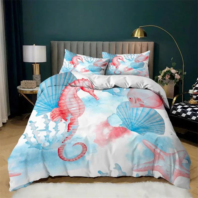 Ocean Bedding Set King/Queen Size Nautical Coastal Bedding,Hippocampus Comforter Cover For Kid Boys Girls,Sea Animal Duvet Cover
