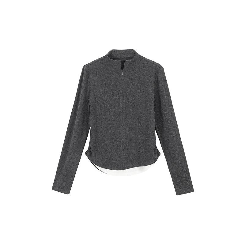 

Fake two-piece zipper design long-sleeved shirt spring new contrasting color splicing top bottoming shirt women XL темно-сірий