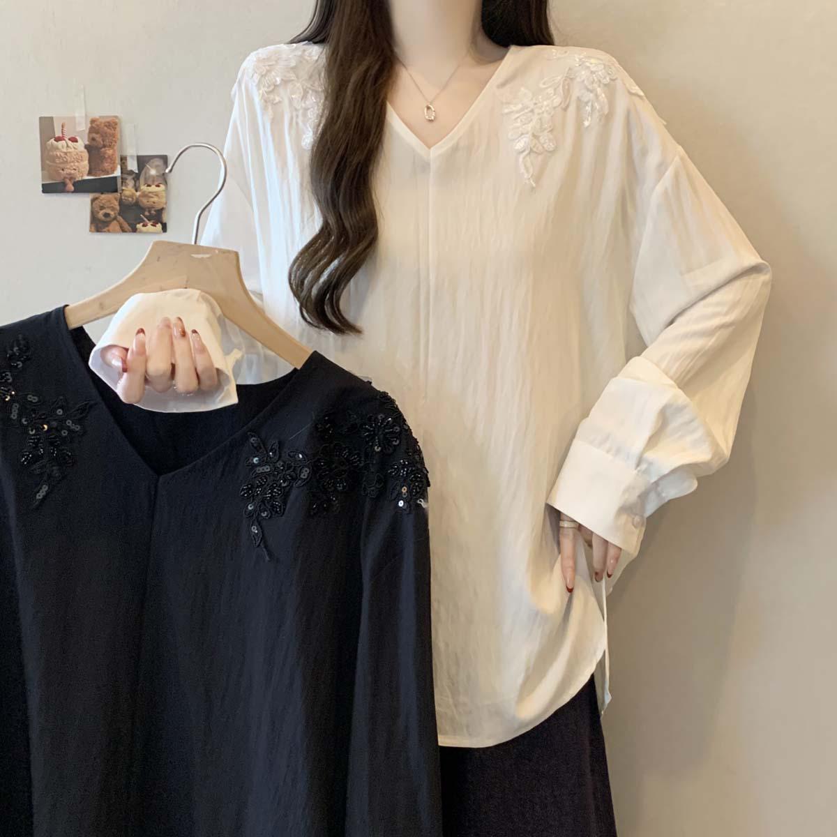 2026 Spring/Autumn Women s Plus Size V-neck Casual French Shirt - Versatile, Loose & Slimming XXL