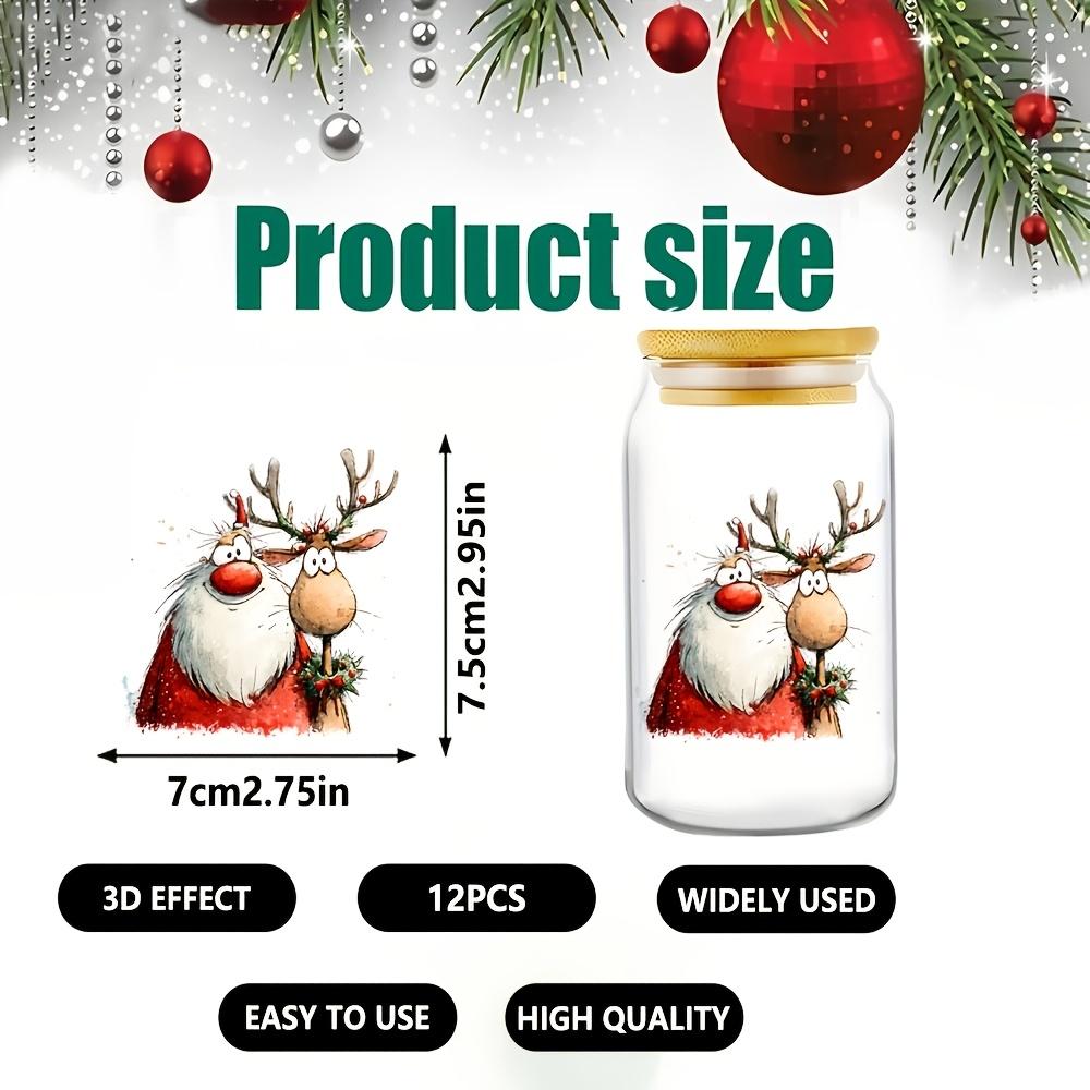 12 ks/sada Vánoční UV DTF samolepky na hrnky, Kreslené přenosové samolepky Santa Claus a sob, Sklenice, Tumbler, Láhev, Vánoční dekorace
