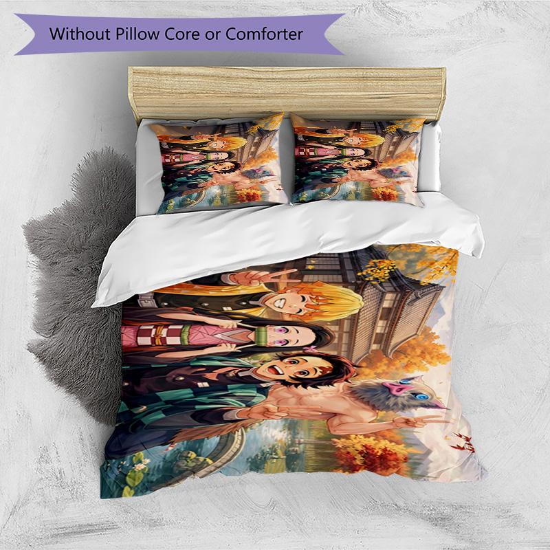 Set cuvertură de pilota 3 buc (1 * Husă de pilota + 2 * Față de pernă, Fără Miez), Set de așternut cu imprimeu Demon Slayer, Decor pentru dormitor, Pentru toate anotimpurile, Cadou de ziua de naștere
