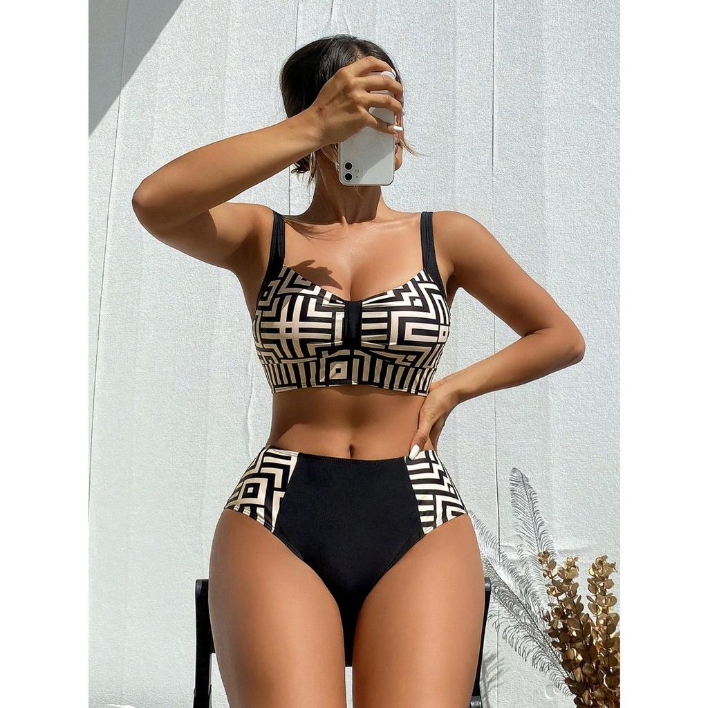 Women's swimsuit, patchwork swimsuit, deep V-neck, two-piece swimsuit, mesh sports swimsuit