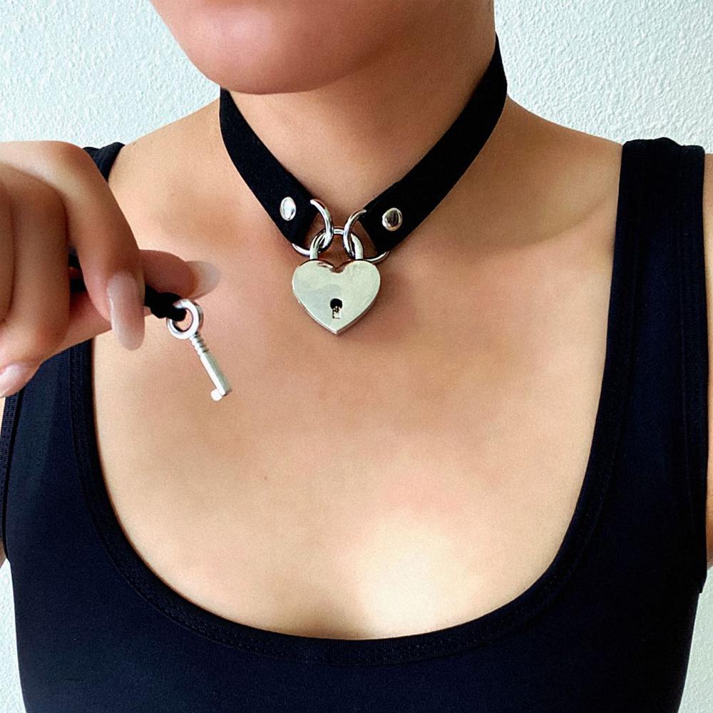 Metal Lock Heart Choker Collar For Women Black Cosplay Necklace Couple Gift Neck Goth Jewelry Fashion Gothic Accessiores
