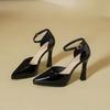 Buckle Small Fresh Festival High Heels Spring Summer Leather Sandals Lacquered Black Hollow Pointed Thick Heel One-word Girl