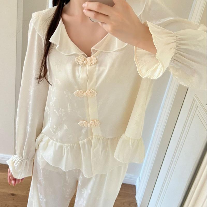 Spring and autumn new ice silk jacquard pajamas women's sweet long-sleeved court style high-end small fragrant style loungewear set