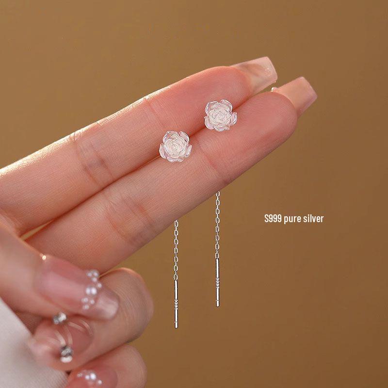 Camellia Ear Thread Earrings: 999 Sterling Silver Studs for Women - Comfortable Overnight Wear with Elegant Tassels.