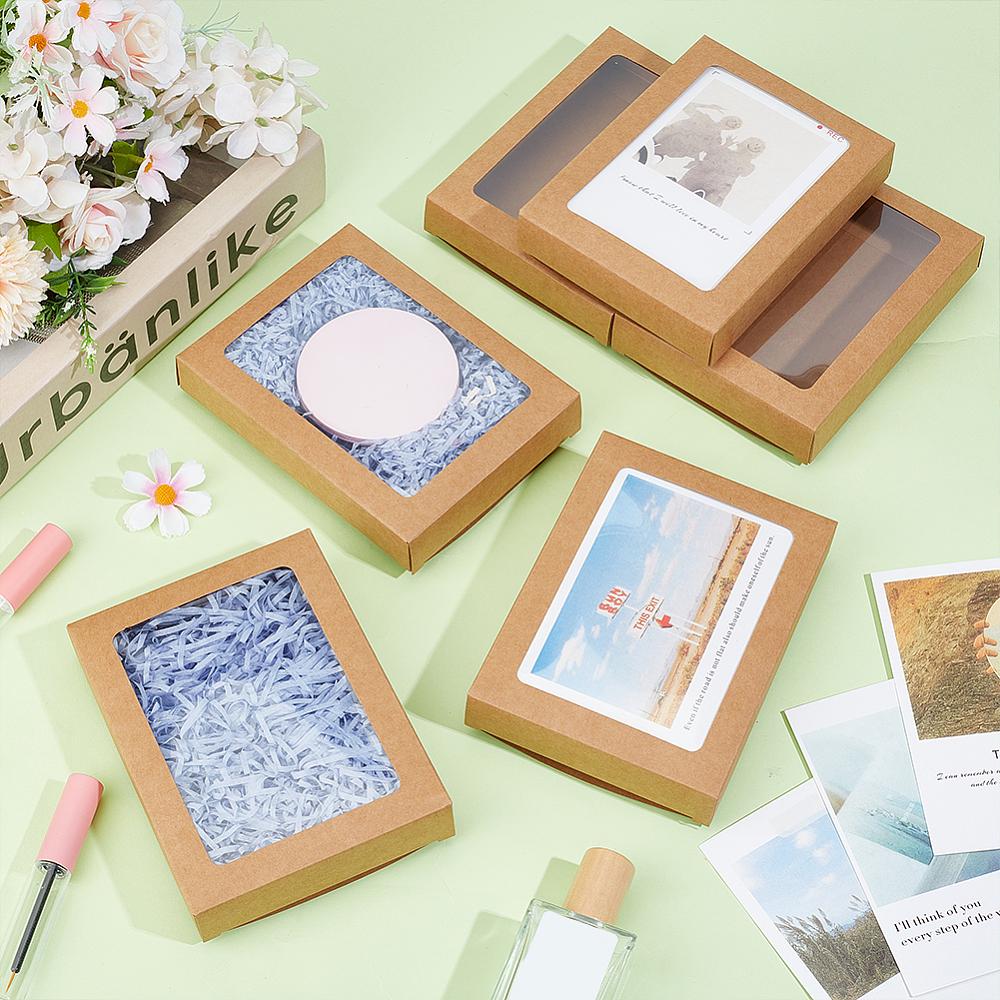 30pcs Foldable Kraft Paper Candy Boxes with Visible Window for Postcard Gift Packaging Rectangle BurlyWood 15.2x11.5x2.5cm