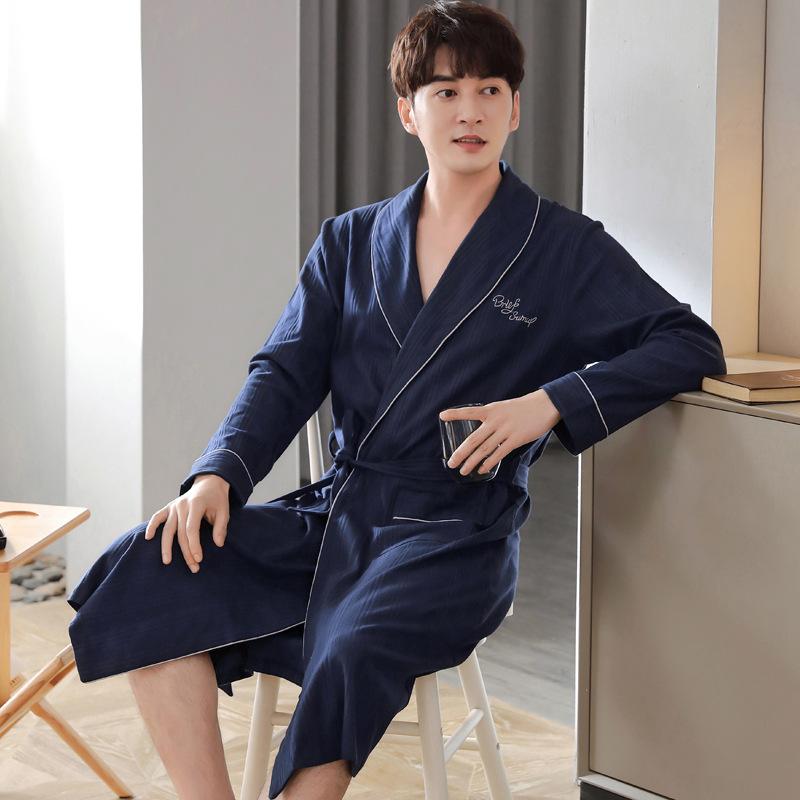 Men'S Nightgown Spring And Autumn Long-Sleeved Pure Cotton Long Bathrobe Pajamas Cotton Integrated Thin Large-Size Bathrobe Dressing Gown