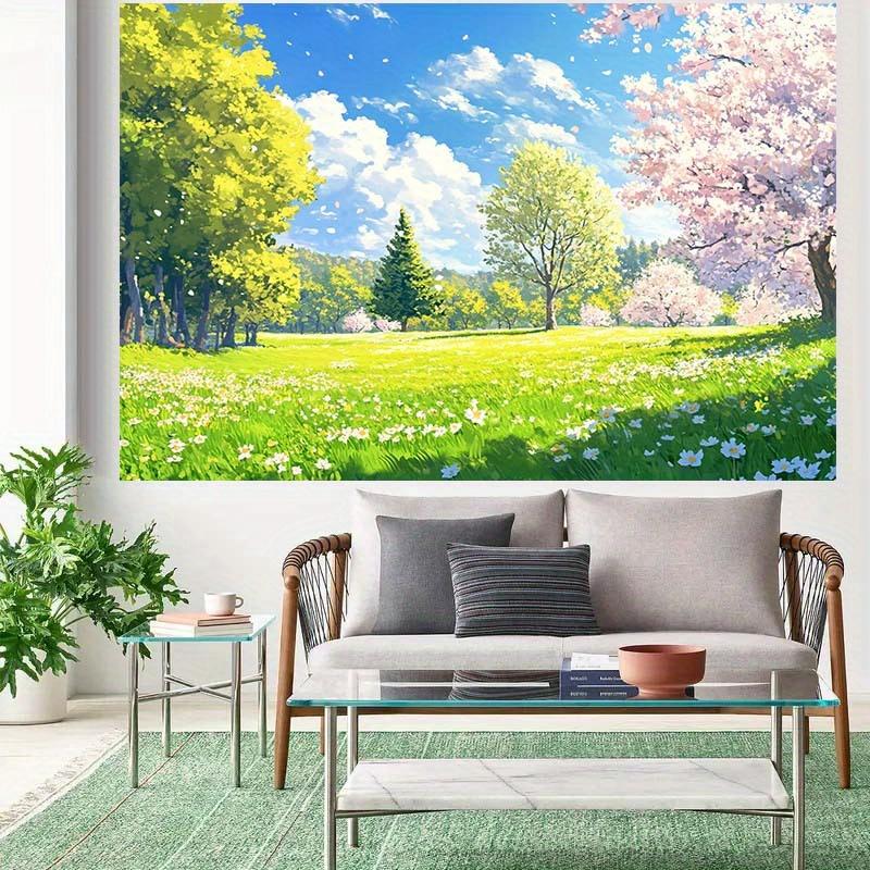 Natural Landscape Background Cloth - Peach Blossoms, Green Grasslands, Sunny Day Theme Decoration "- Background Banner