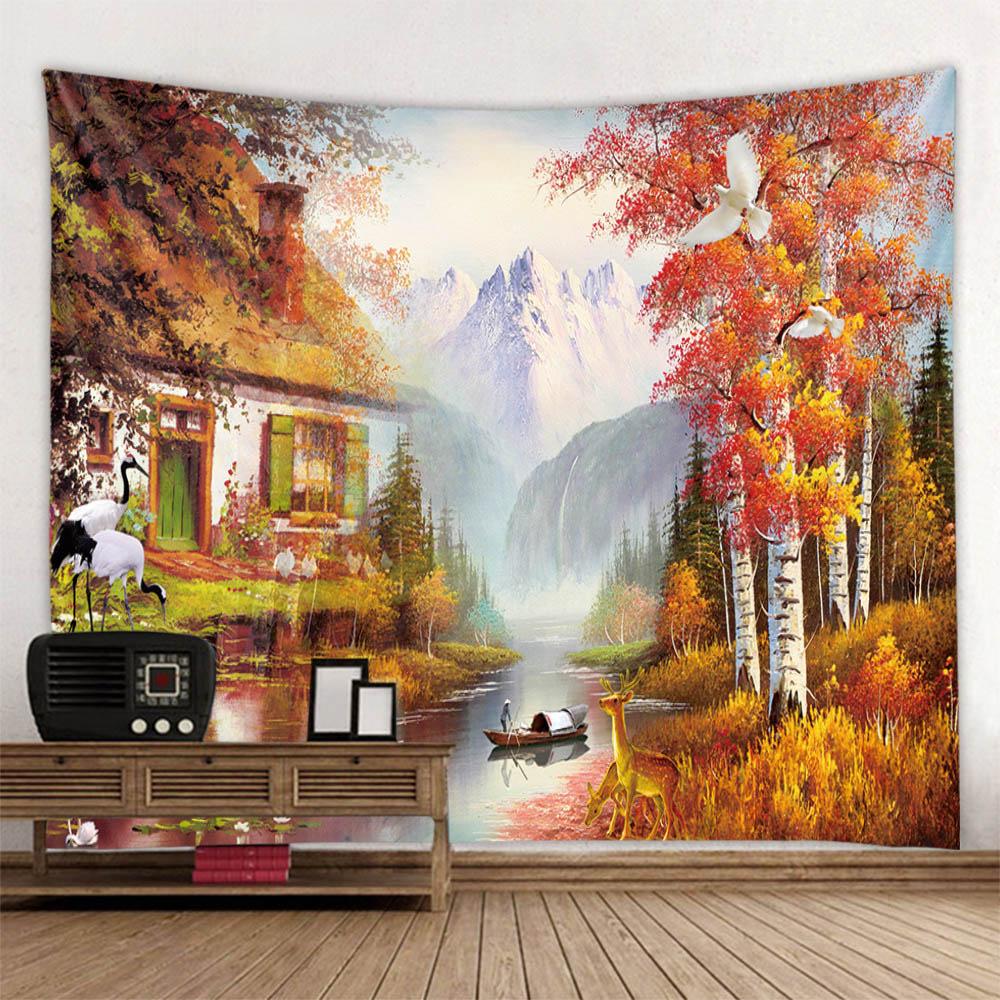 Landscape oil painting tapestry wall hanging forest yoga bed sheet blanket bedroom living room home decoration background poster