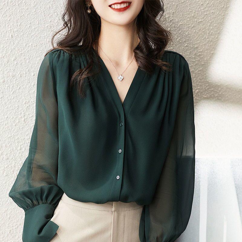 Camicia a maniche lunghe da donna primavera e autunno design francese con scollo a V top temperamento camicia in chiffon ampia