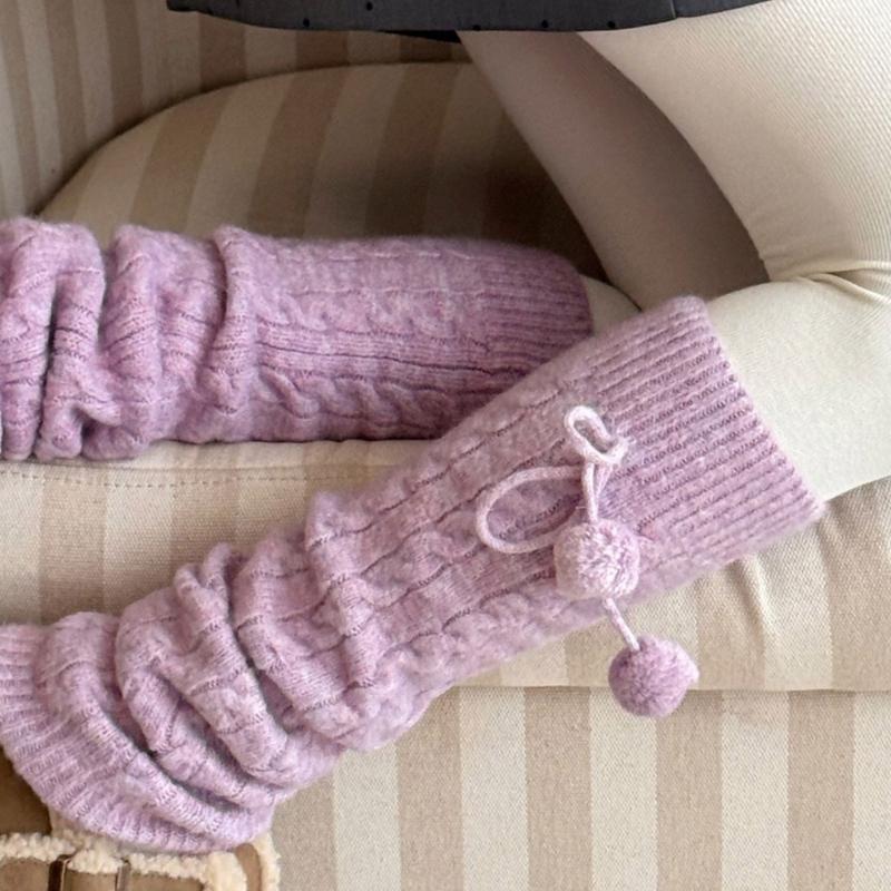Fashionable Plush Balls Bows Adorned Leg Warmers for Women's Cable Knitted Stretchy Leg Covers Sleeves Calf Socks