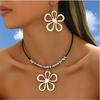 Ensemble de bijoux Collier pendentif fleur géométrique creuse corde noire Boucles d'oreilles fleur creuse