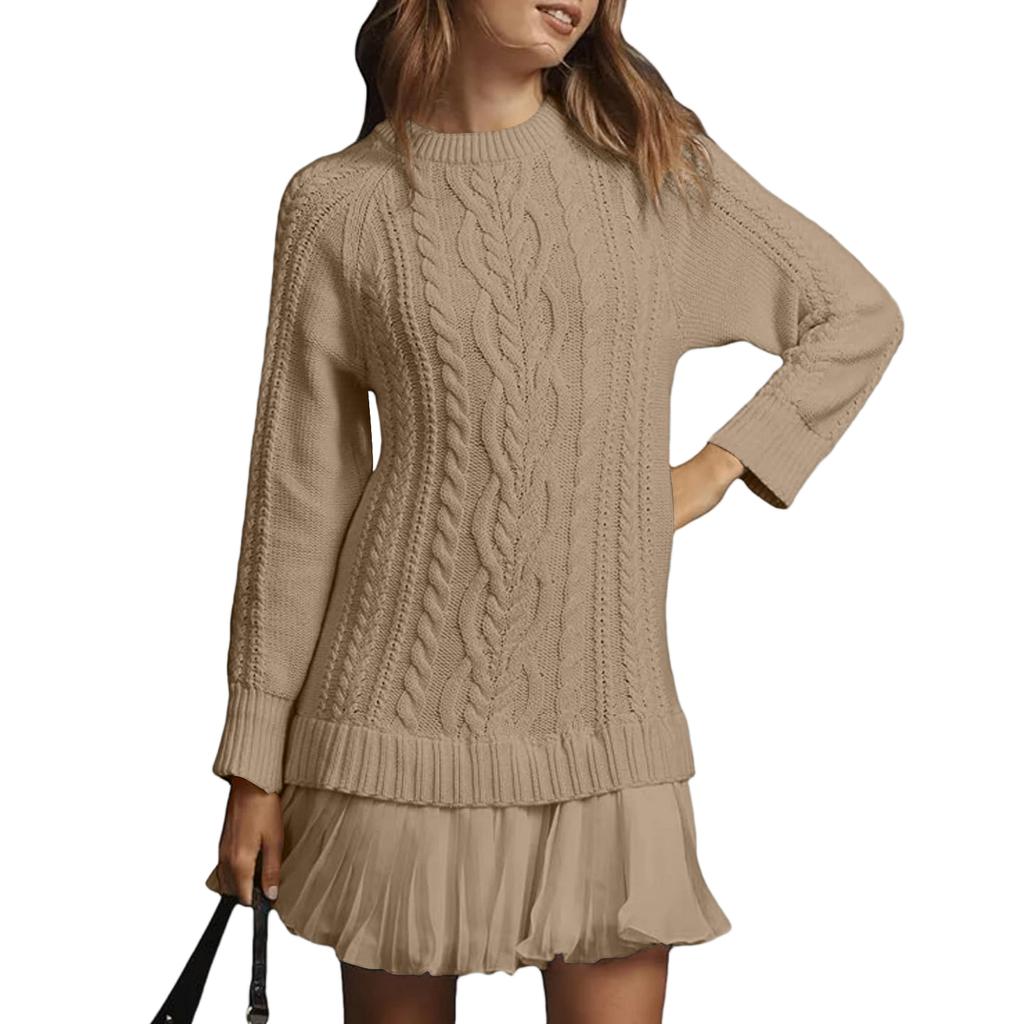Women's Solid Round Neck Dough Twists Knitting Chiffon Splicing Sweet Temperament Dress