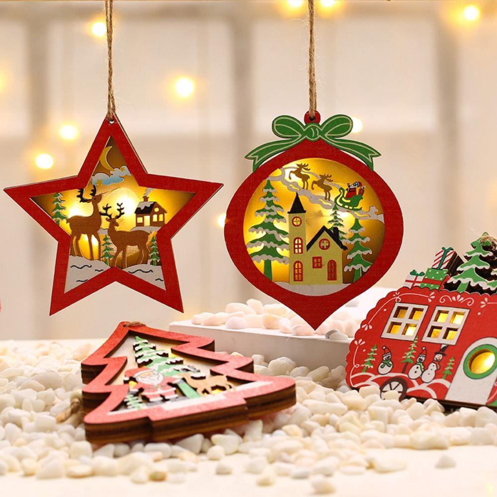 Wooden Santa Snowman Pendants LED Light Christmas Decorations Christmas Tree Ornaments for Home