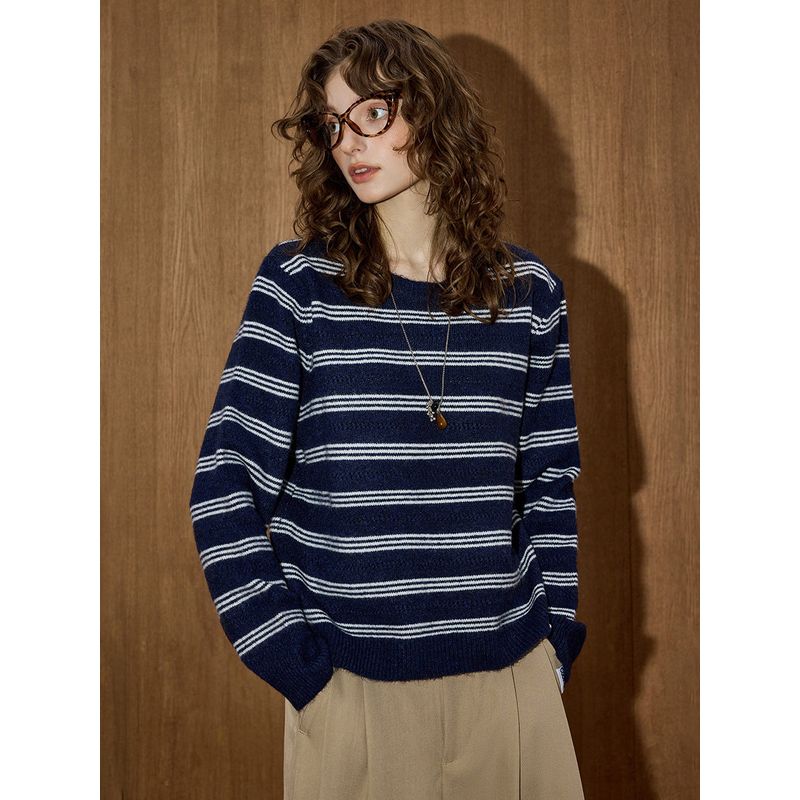 Coolhu Navy Blue Lazy Style Warm Color-Block Striped Knit Crew Neck New Women's Fashionable Versatile Sweater