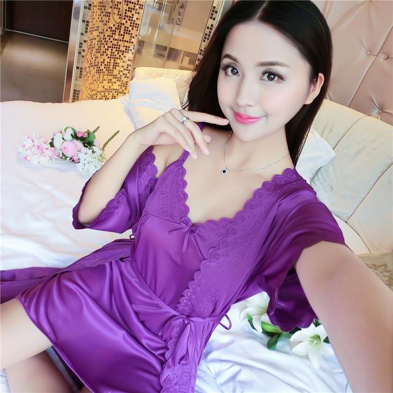 ShopeeAmazon Summer Women's Ice Silk Nightgown Two-piece Bathrobe Homewear Nightgown Women's Summer