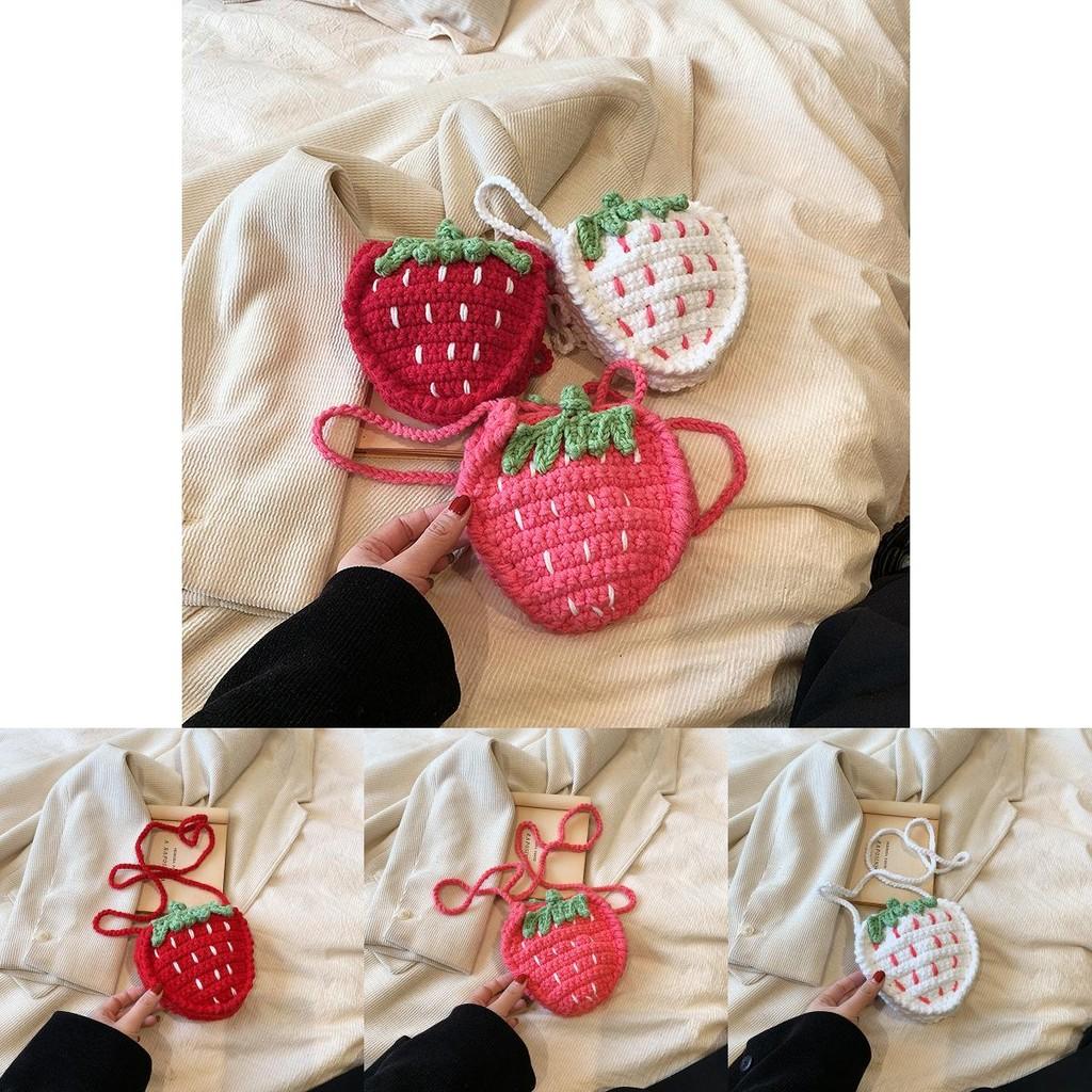 Adorável Porta-moedas Infantil Tricotado à Mão Bolsa Mini Transversal Fofa de Morango Para Meninas