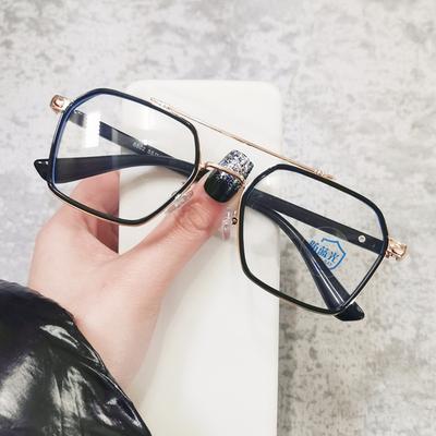 Anti-Blue Glasses Transparent Frame Retro Double Beam Pilot Flat Light Eye Frame Can Be Equipped With Degree Women'S Myopia Glasses