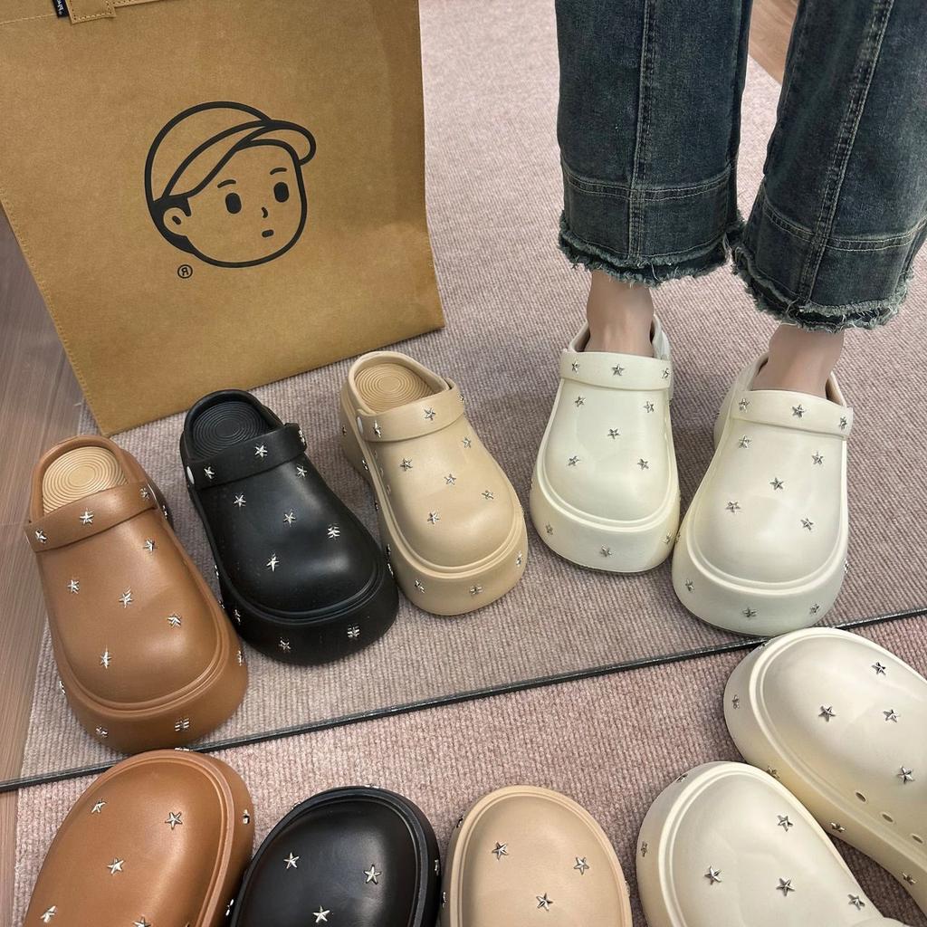 Small Height Increase Deodorant Sandals 2025 Spring and Autumn New Cute Baotou Half Drag Non-slip Thick-soled Hole Shoes Women's