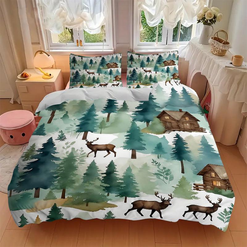 3pcs Woodland Retreat Cabins and Majestic Deer Bedding Set, 1 Soft Quilt Cover + 2 Pillowcases, Machine Washable, Suitable for All Seasons