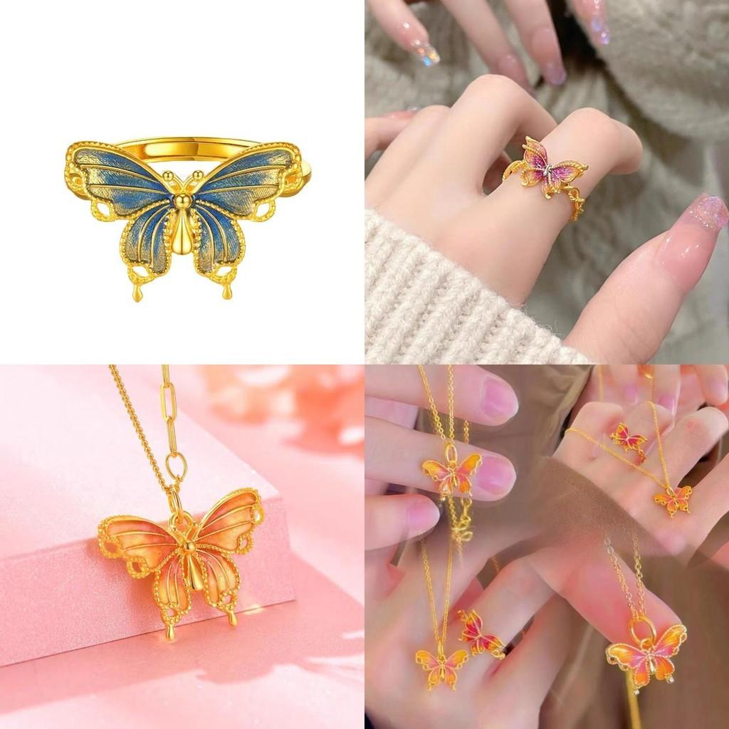 Elegantes, goldplattiertes Schmetterlingsring- und Traumanhänger-Ketten-Set für königliche Mode