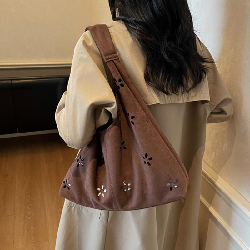 Faux Suede Women's Hollow Flower Shoulder Bags Matte Leather Female Underarm Bag Vintage Large Capacity Female Tote Handbags