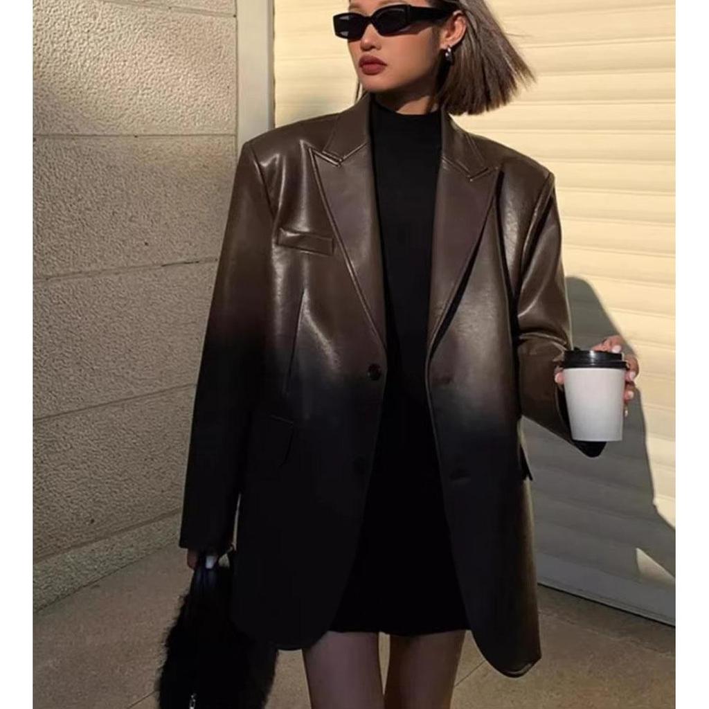 Women Black Brown Soft PU Blazer Shoulder Pads Long Sleeve Single Breasted Loose Casual Jacket Tops Korean Fashion Coat