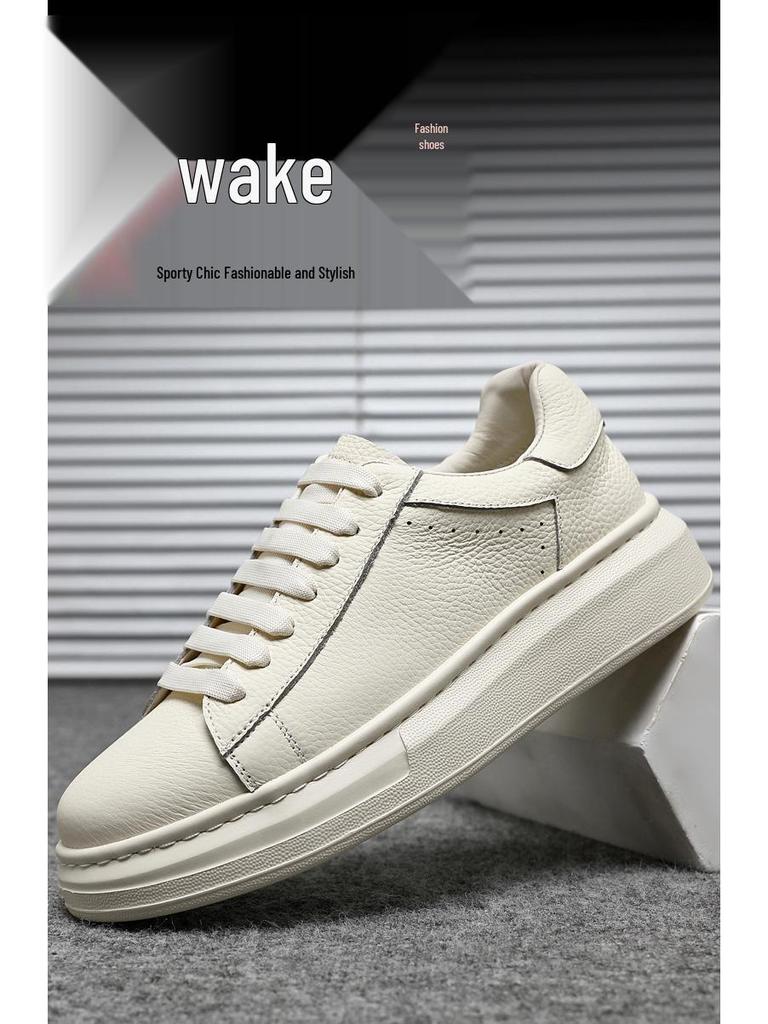 Lei Jun's White Cowhide Height-Increasing Casual Sneakers - Men's Versatile and Stylish Business Shoes