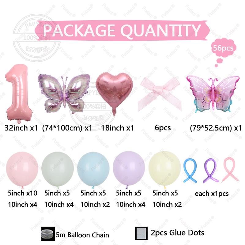 56pcs/set Butterfly Number Balloon Set Pink Numbers 1-9 Purple Butterflies for Valentine's Day Anniversary Birthday Party Decors