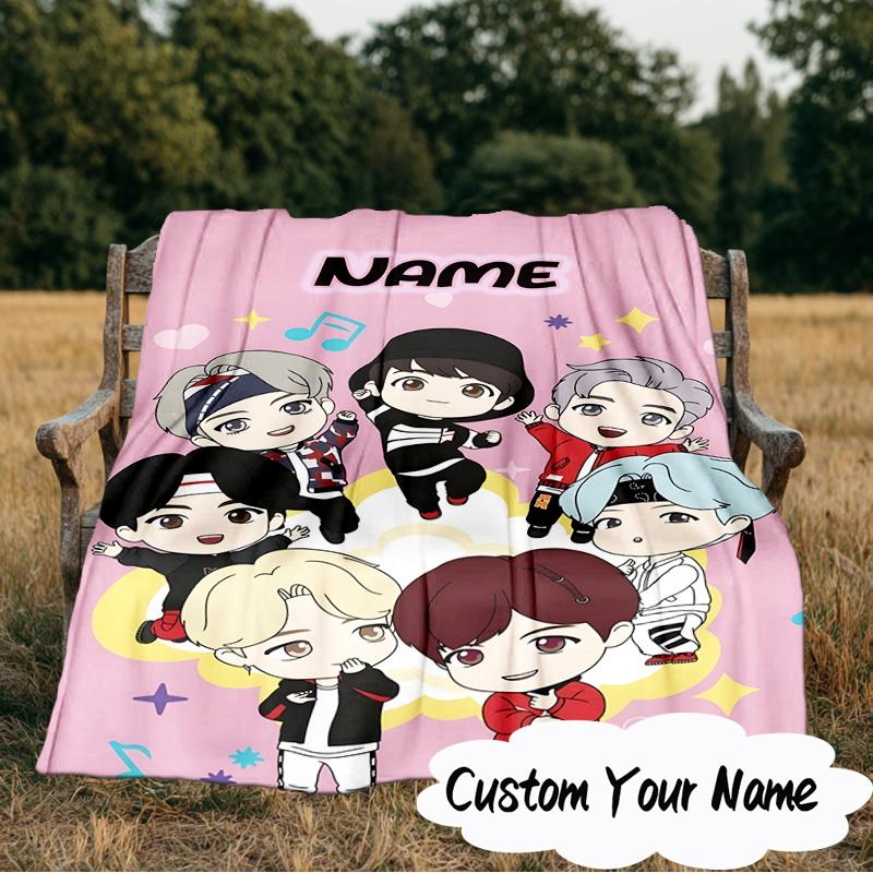 Custom Name Kawaii Stars K-pop Blanket Ideal Bedding Blanket Perfect for Travel, Camping, Living Rooms, Offices, Sofas, Fan Christmas gift