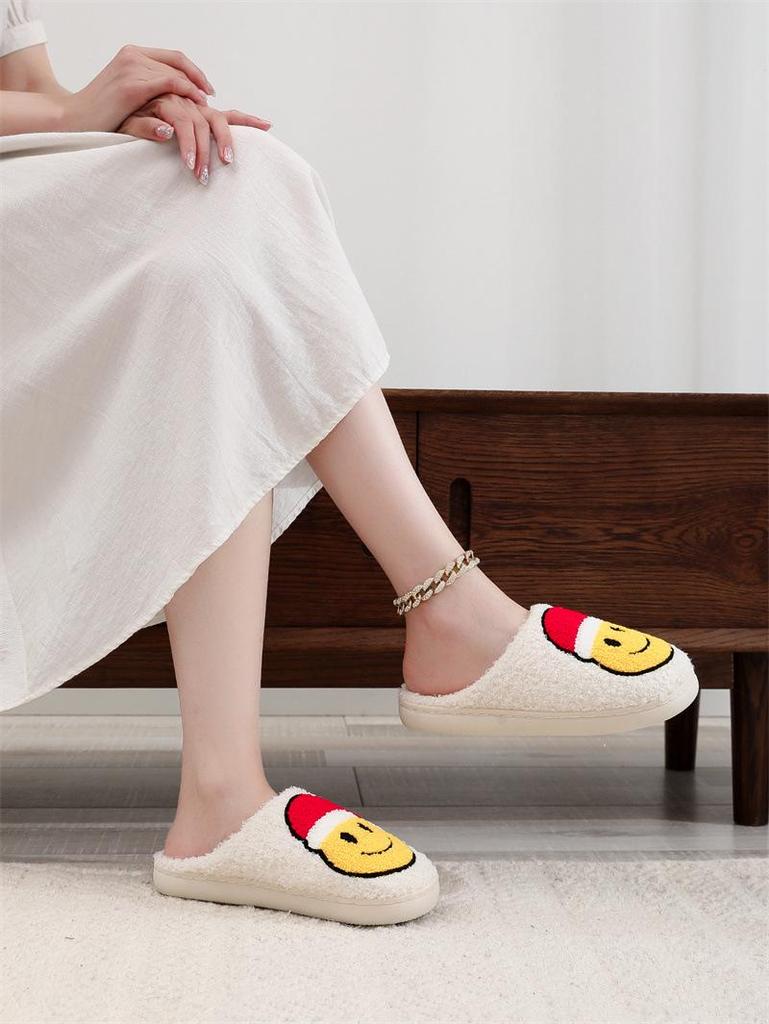 Cute Cartoon Smiley Face Christmas Hat & Tree Strawberry Cotton Slippers, Cozy & Warm Couple Style.