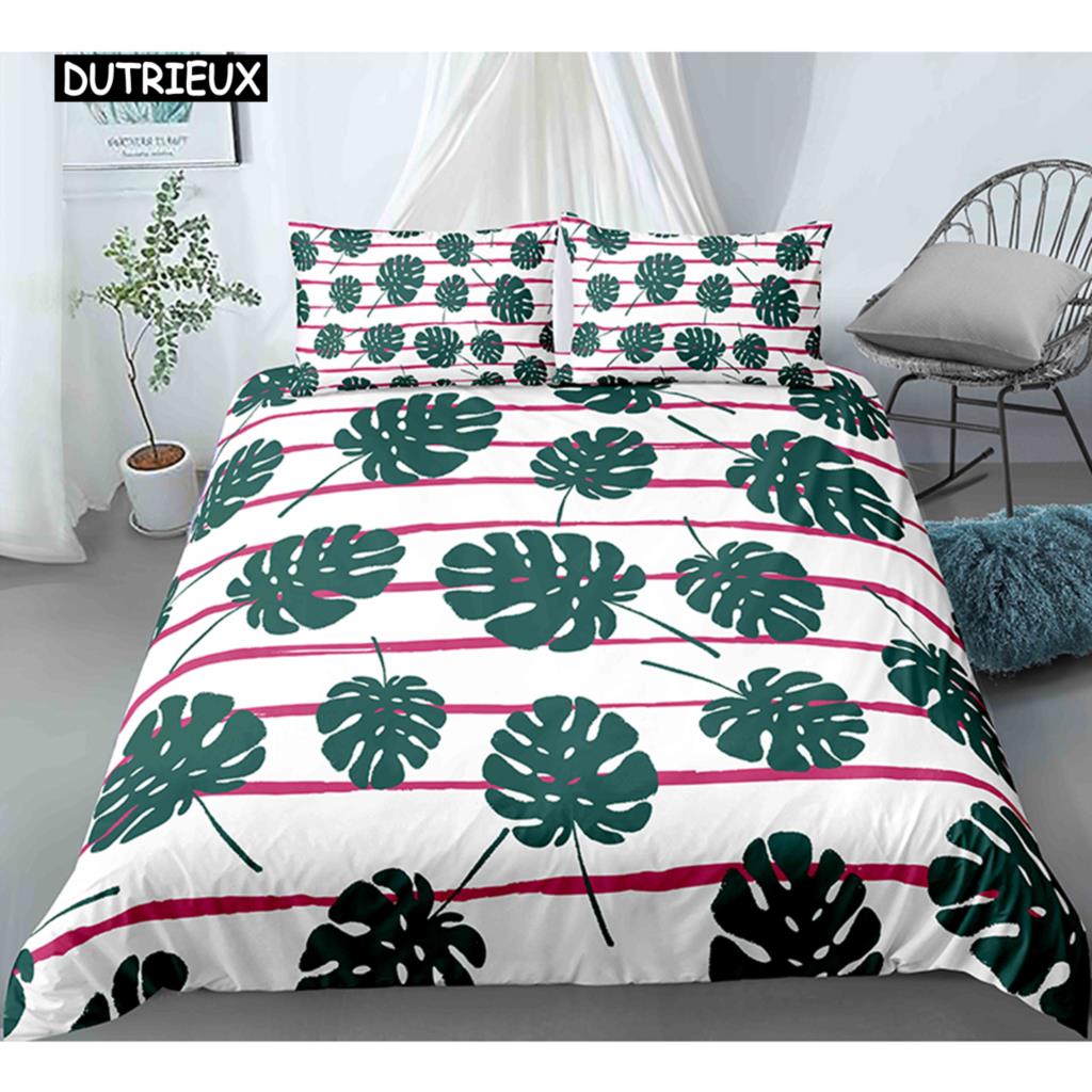 Tropiska Botaniska Blad Kung Drottning Påslakan Grön Palmblad Polyester Sängkläder Set för Barn Tonåringar Vuxna med Örngott