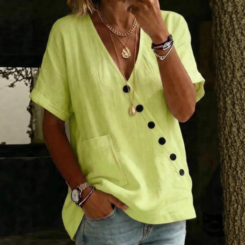 2026 Women's Shirt Top V-neck Solid Color Casual Comfortable Buttoned Cotton Linen Shirt
