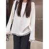 Kumikumi Idle Style White Lace Stitching Long Sleeve T-shirt Women Fall Easiest for Match Loose Slim-Fit Casual Shirt