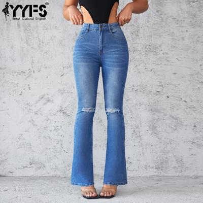 Damenmode Zerrissene Denim-Freizeithose mit hoher Taille Hosen & Caprihosen Freizeithosen