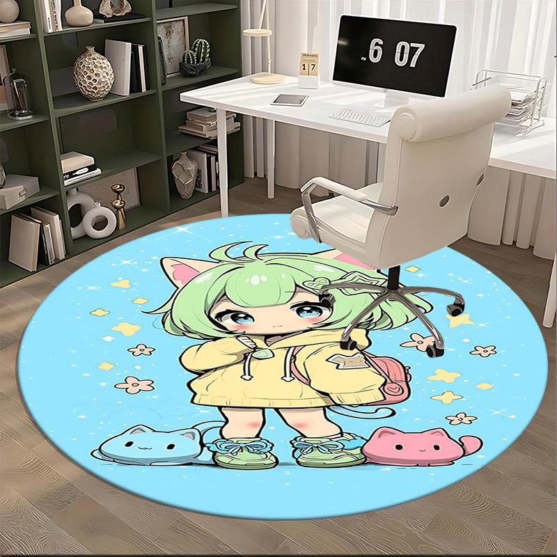 1pc Anime Cat Round Carpet  Office Chair Mat, NonSlip Rug for Home Decor, Seasonal Gift, Suitable for Office