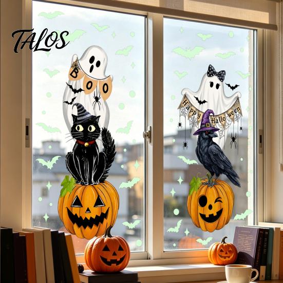 Talos Halloween Glow-in-the-Dark Window Cling, Spooky Ghost Skeleton Glass Sticker, Waterproof Static Decal for Holiday Party