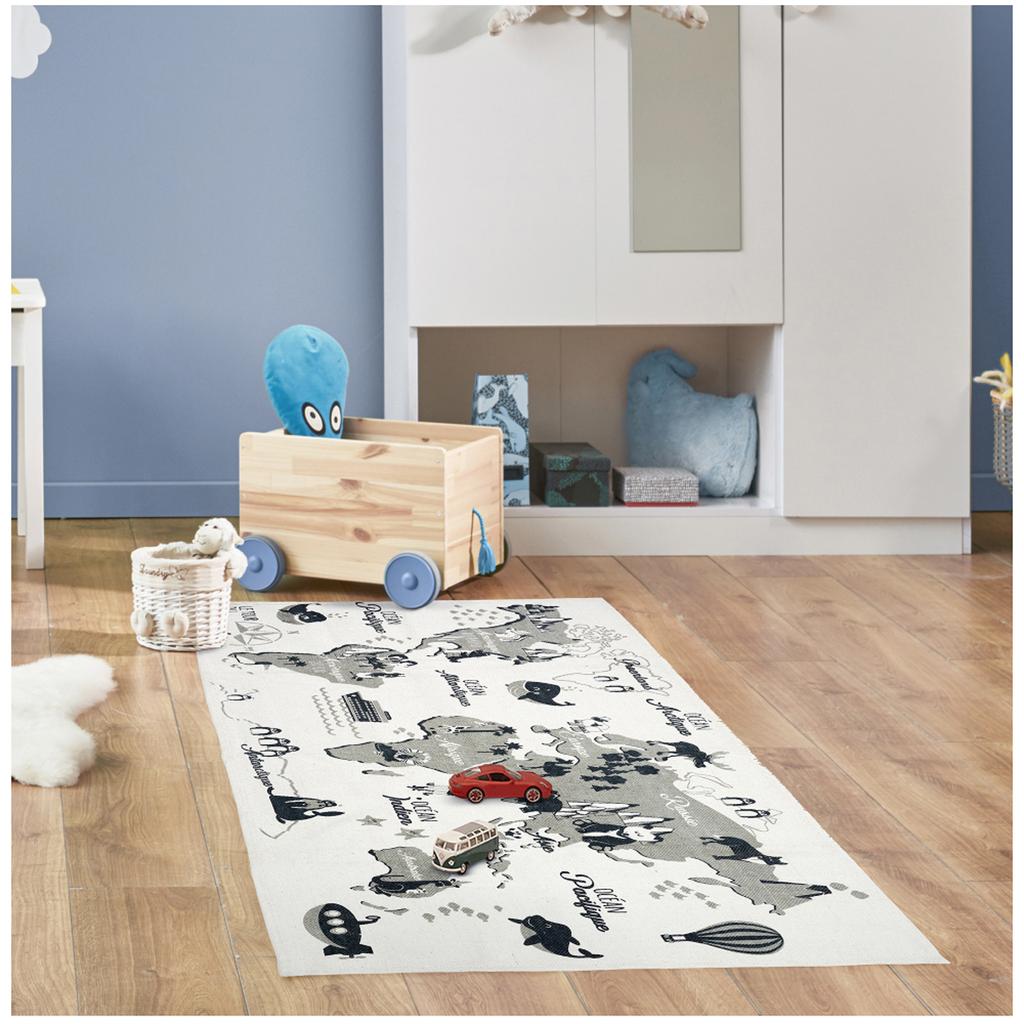 Les Trésors De Lily [A1253] - Cotton Rug 'Mappemonde' Gray White - 140x70 Cm
