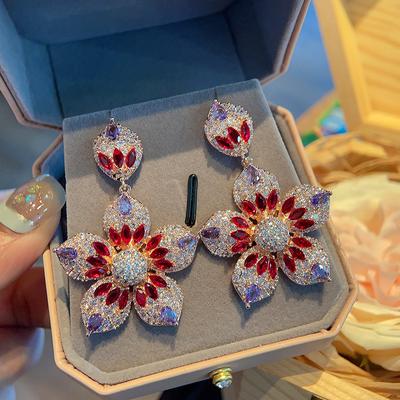 Heavy Industry Full Cubic Zirconia Flower Colorful Earrings Earstuds Exaggerate Temperament Earrings