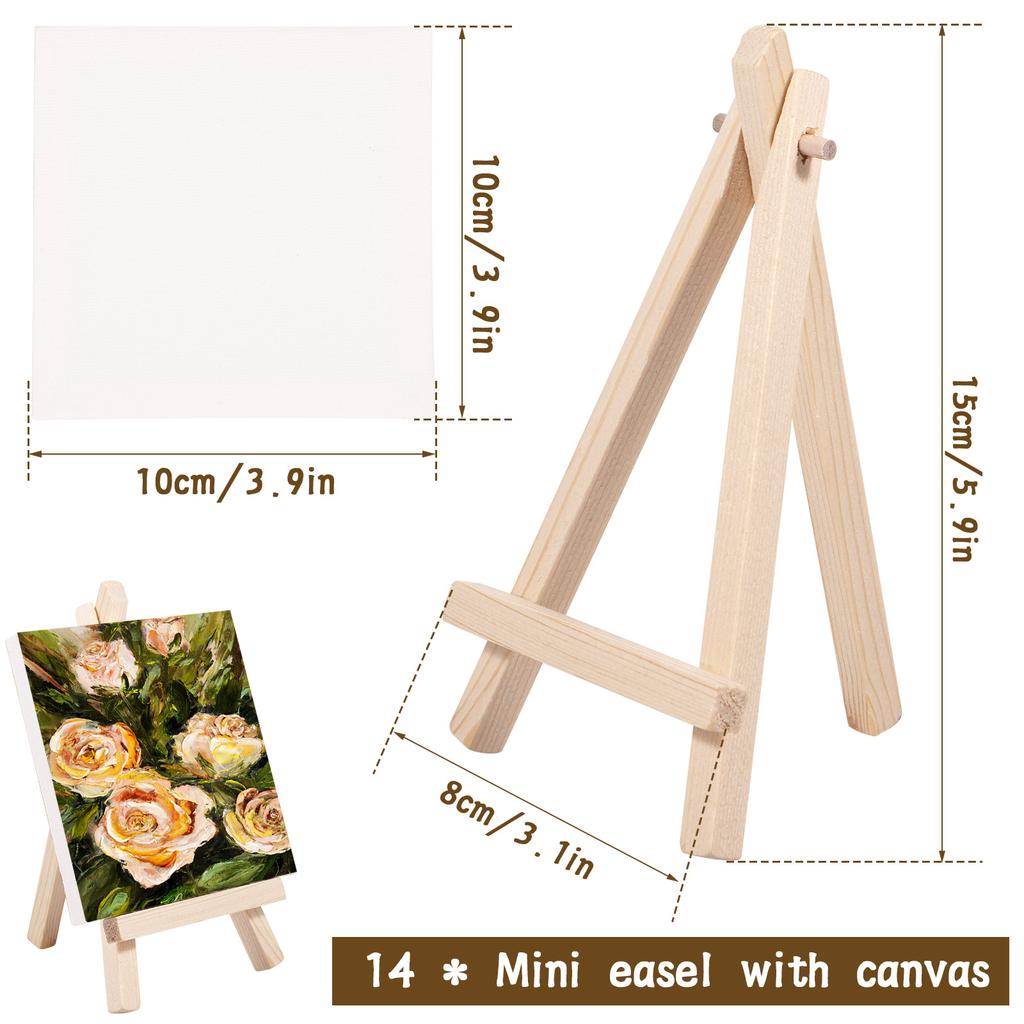 14Pcs Mini Canvas Easel Set Foldable Small Wooden Tabletop Easel Kids Painting Display Holder Art Artist Stationery Kids Gift
