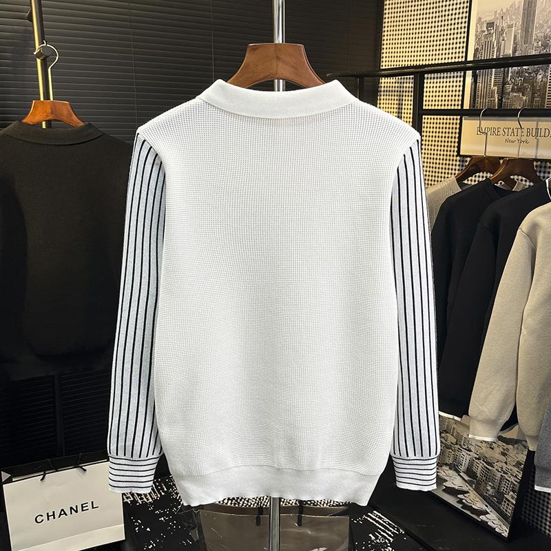 Móda Módní Značka Pánské Oblečení Top Slim Fit Klopa Pletenina Svetr Vysoce Kvalitní Pu Pohledný Mládež Polokošile Pánská Dlouhý Rukáv