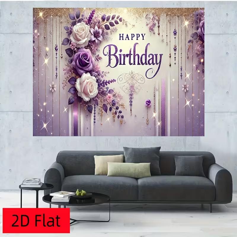 

2D Happy Birthday Backdrop Purple White Floral Gold Glitter Photo Banner Party Decor Background 47.2x31.5inch/120*80cm