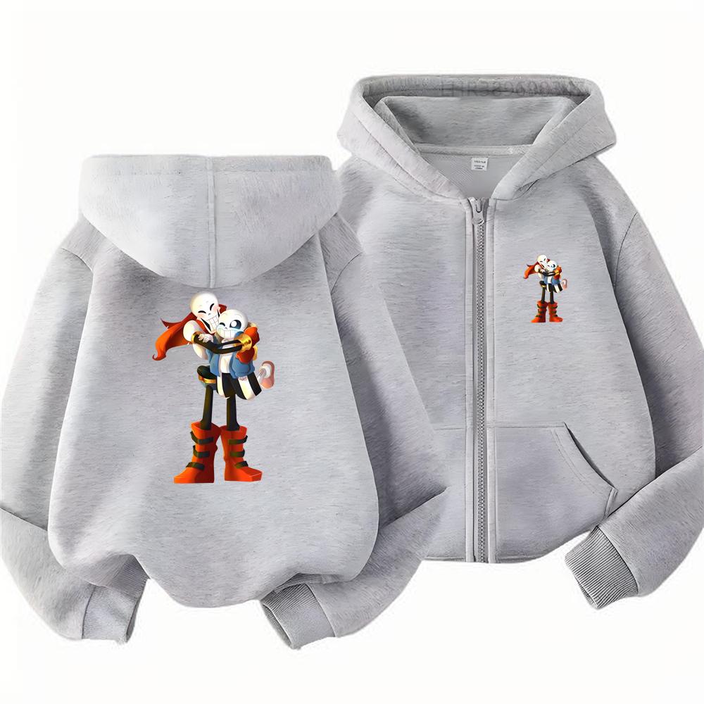 Zip-up hooded sweatshirt for boys and girls—a trendy,thickened jacket for autumn and winter,perfect for outdoor play,featuring Sans and Papyrus prints