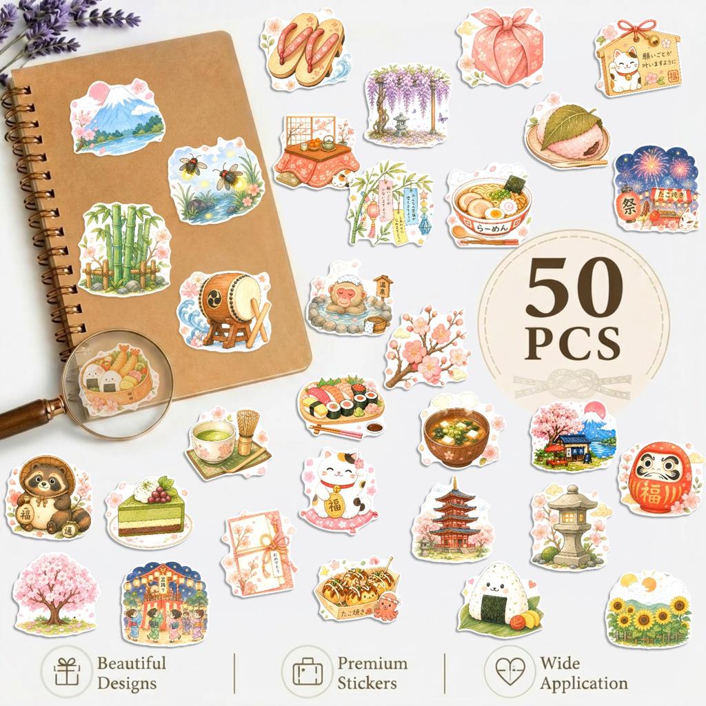 50Pcs/Set Watercolor Wafu Japanese Culture & Art Stickers DIY Fashion Doodle Decals Stickers