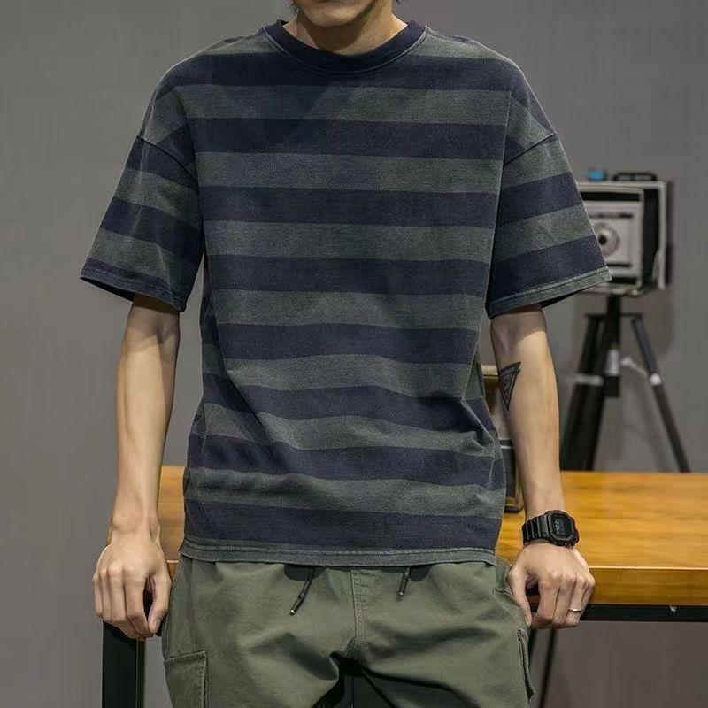 2026 New Summer Men's Round Neck Short-sleeved Korean Style Youth Trend Striped Fashion Casual Cotton Loose T-shirt Large Size
